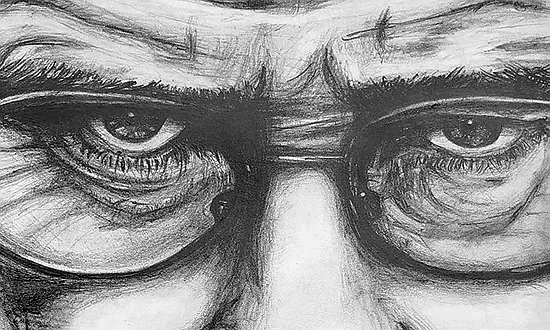 Détail d'un œil ultra-réaliste dessiné au fusain par Jérémy Morin, illustrant la précision de l'artiste portraitiste